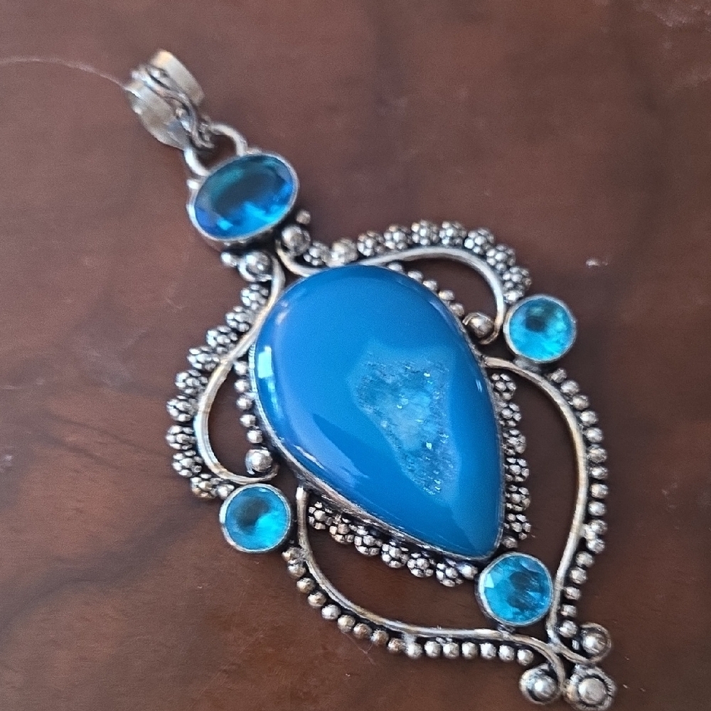 Silver Plate Blue Druzy Agate and Topaz Pendant